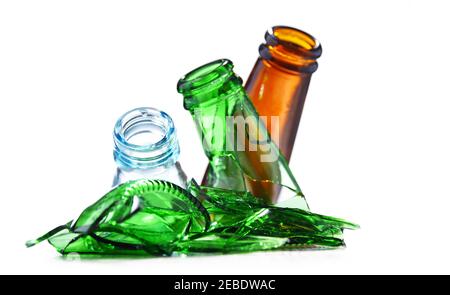 Broken glass bottles over white background. Recycling Stock Photo - Alamy