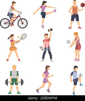 Sport people flat icons set with men and women cycling playing football and tennis isolated vector illustration Stock Vector