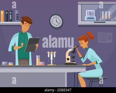 Two young scientists in chemistry lab making microscope slides and taking notes retro cartoon poster vector illustration Stock Vector