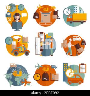 Logistics concept with transportation delivery and people round icons set flat isolated vector illustration Stock Vector