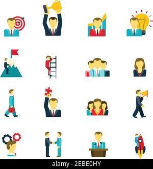 Leadership and success in business life and at work icons set flat isolated vector illustration Stock Vector