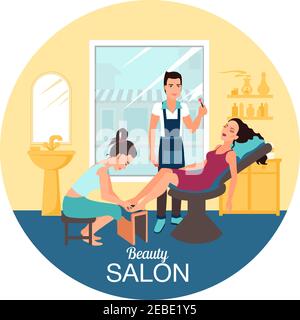 Flat design round poster with young woman having beauty procedures in spa salon vector illustration Stock Vector