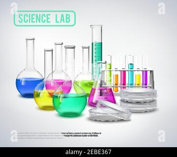Laboratory bottles composition with color liquids in jars realistic glass tubes flat vector illustration Stock Vector