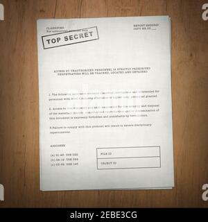 top secret document on wooden desk background Stock Photo