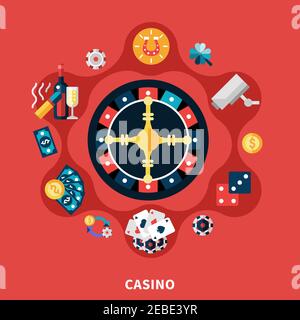Casino roulette icons round composition with cards coins dice symbols flat vector illustration Stock Vector