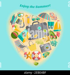 Enjoy the summer holiday travel icons heart shaped composition poster with beach swimming accessories abstract vector illustration Stock Vector