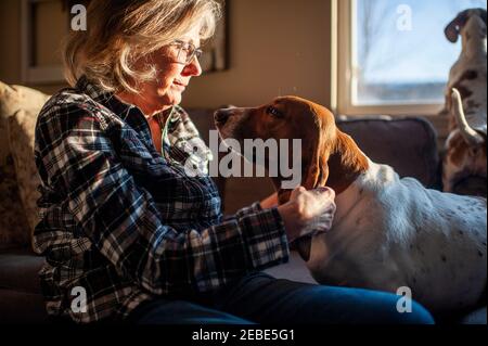 Happy Senior Citizen plays with dogs ears sitting on couch at home Stock Photo