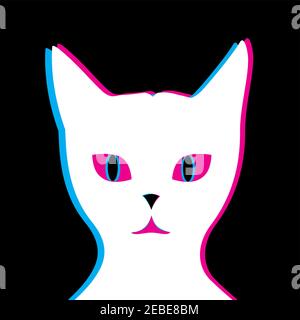 white glitch cat on black background Stock Vector