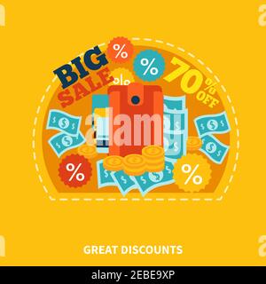 Online shop colorful round composition with caption money discount coins symbols on orange background flat vector illustration Stock Vector