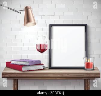 Realistic frame template on the table with glass of wine candle lamp and books vector illustration Stock Vector