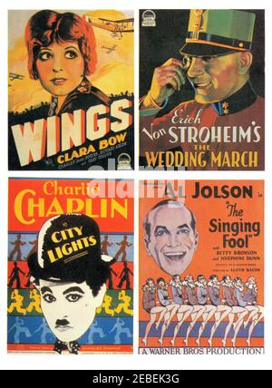 Montage of Movie Posters featuring (clockwise): Clara Bow, 'Wings', Paramount Pictures, 1927; Erich von Stroheim, 'The Wedding March', Paramount Pictures, 1928; Al Jolson, 'The Singing Fool', Warner Bros., 1928; Charlie Chaplin, 'City Lights', United Artists, 1931 Stock Photo