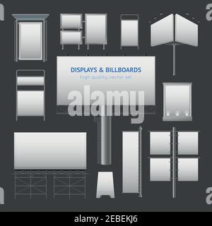 Outdoor advertisement elements with displays boxes and billboards templates in gray colors isolated vector illustration Stock Vector