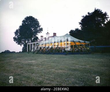 Dinner at Mount Vernon in honor of Muhammad Ayub Khan, President of Pakistan, 7:45PM. State dinner in honor of President Mohammad Ayub Khan of Pakistan. Wide shot of marquee. Mount Vernon, Virginia. Stock Photo