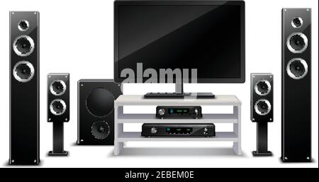 Realistic home theater concept with tv dvd-player and musical speakers isolated vector illustration Stock Vector