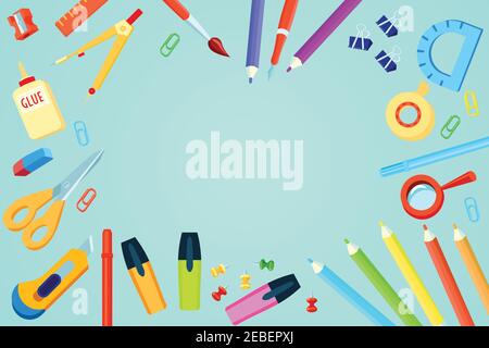 Top view stationery template with colorful office supplies on turquoise background vector illustration Stock Vector