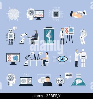 Artificial intelligence icons set with technology symbols flat isolated vector illustration Stock Vector