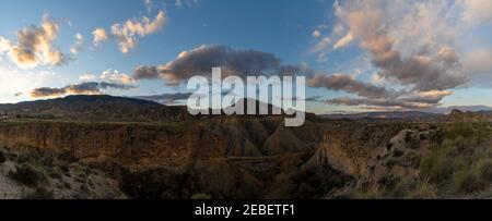 beautiful panorama sunrise landscape in the Tabernas desert and mountains in southern Spain Stock Photo