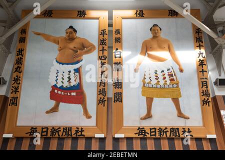 Tokyo, Japan - Jan 21 2016: Artwork of a famous sumo westlers exhibited in the Sumo Museum in Tokyo, Japan. Stock Photo