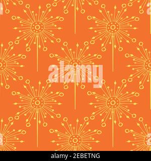 Dandelion seeds seamless vector pattern background. Backdrop of abstract folk art style floating herbacious flowers orange yellow backdrop. Hand drawn Stock Vector