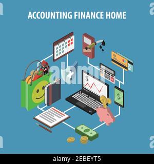 Home bank and personal finance concept with isometric accounting and investments icons vector illustration Stock Vector