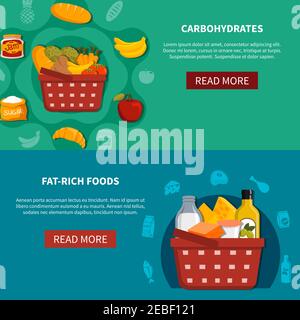 Supermarket food 2 horizontal banners set with read more button basket carbohydrates fat rich foods green blue background flat vector illustration Stock Vector