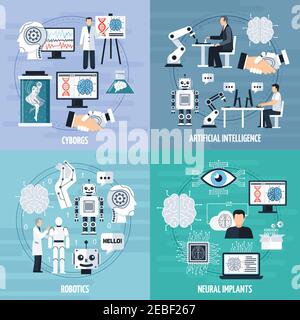 Artificial intelligence concept icons set with cyborg symbols flat isolated vector illustration Stock Vector