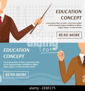 Education concept horizontal banners with teacher pointer and text in flat style vector illustration Stock Vector