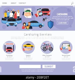 Carsharing service web template layout with different buttons steps and colorful icons in flat style vector illustration Stock Vector