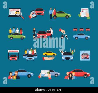 Carsharing icons set with carpooling symbols on blue background flat isolated vector illustration Stock Vector