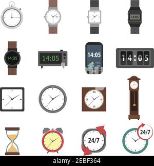 Time icons flat set with modern and classic watches clocks isolated vector illustration Stock Vector
