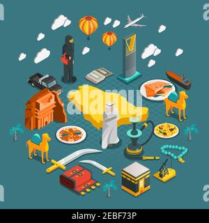 Saudi Arabia isometric composition with icons of arabian culture architecture entertainment in flat style isolated vector illustration Stock Vector