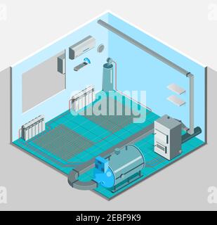 Heating cooling system interior isometric template with conditioner compressor heater boiler in flat style isolated vector illustration Stock Vector