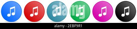 Music vector icons, set of circle gradient buttons in 6 colors options for webdesign and mobile applications Stock Vector