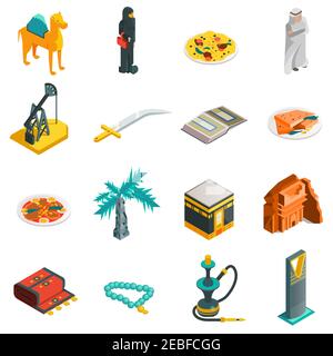 Saudi Arabia isometric touristic icons set with main arabian sights and elements in flat style vector illustration Stock Vector