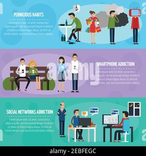 Obsessions horizontal banners with harmful bad habits and addictions of modern society in flat style vector illustration Stock Vector