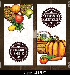 Vegetables and fruits vertical banners with pineapple lemon pear apple pumpkin carrot cucumber and tomato vector illustration Stock Vector