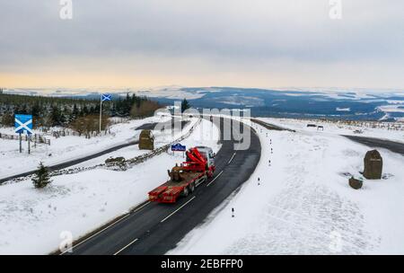 View looking north of A68 trunk road crossing the England-Scotland border from Northumberland to the Scottish Borders region at the Carter Bar. Stock Photo