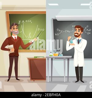 School lessons cartoon vertical banners with teachers of mathematics and chemistry in flat style vector illustration Stock Vector
