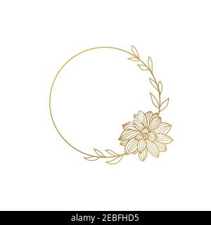 Round gold frame with flowers.Lotus. Vector illustration isolated on white background. Stock Vector