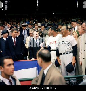 Opening Day of the 1961 Baseball Season, 1:10PM. President John F. Kennedy  and Special Assistant to the President Dave Powers greet former Washington  Senators player James Barton u0022Mickeyu0022 Vernon and Manager of