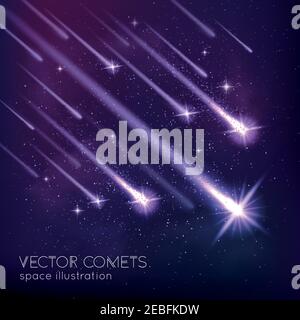 Meteor shower background with falling glowing comets asteroids and stars in space vector illustration Stock Vector