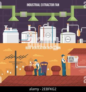 Conditioning and heating horizontal banners presenting ventilation inspection working on roof and industrial extractor fan flat isolated vector illust Stock Vector