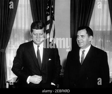 Meeting with Andrei A. Gromyko, Minister of Foreign Affairs of the Soviet Union (USSR), 11:59AM. President John F. Kennedy meets with Minister of Foreign Affairs of the Soviet Union Andrei Gromyko in the Oval Office, White House, Washington, D.C. Stock Photo