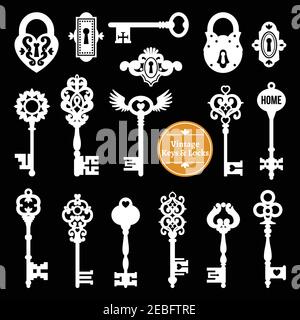 White keys and locks set on black background in vintage style isolated vector illustration Stock Vector