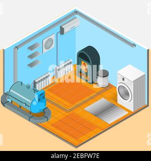 Heating cooling system interior isometric template of bathroom with colorful elements in flat style isolated vector illustration Stock Vector