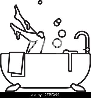 Woman stretching her legs from a bathtub vector line icon for Bathtub Day on October 7 Stock Vector