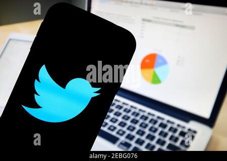 In this photo illustration a Twitter social media app logo seen displayed on a smartphone. Stock Photo