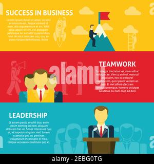 Leadership teamwork and success horizontal banners set flat isolated vector illustration Stock Vector