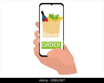 hand holds a smartphone and orders food in the application. secure contactless delivery and shopping concept. flat style Stock Vector