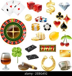 Dice poker chips casino equipment and gambling supply with glass wine sigaar glossy icons collection isolated vector illustration Stock Vector